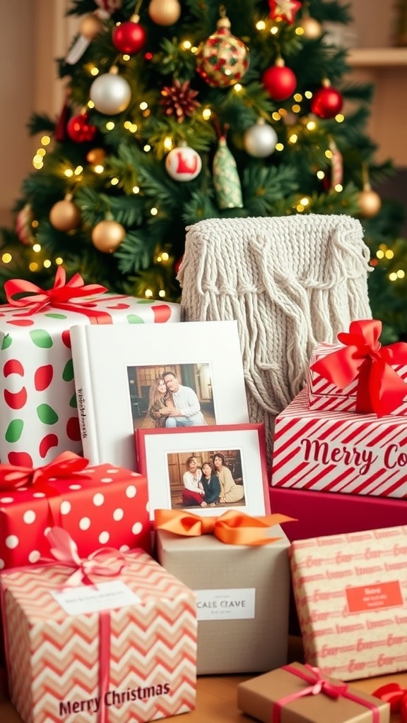 A collection of Christmas gifts including wrapped presents, a cozy blanket, and a photo album, with a Christmas tree in the background.